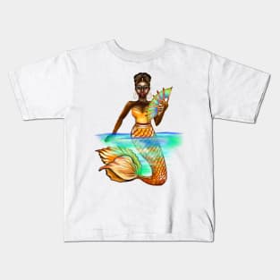 mermaid with gold scales and fan, brown eyes curly Afro hair and dark brown skin. Black mermaids Kids T-Shirt